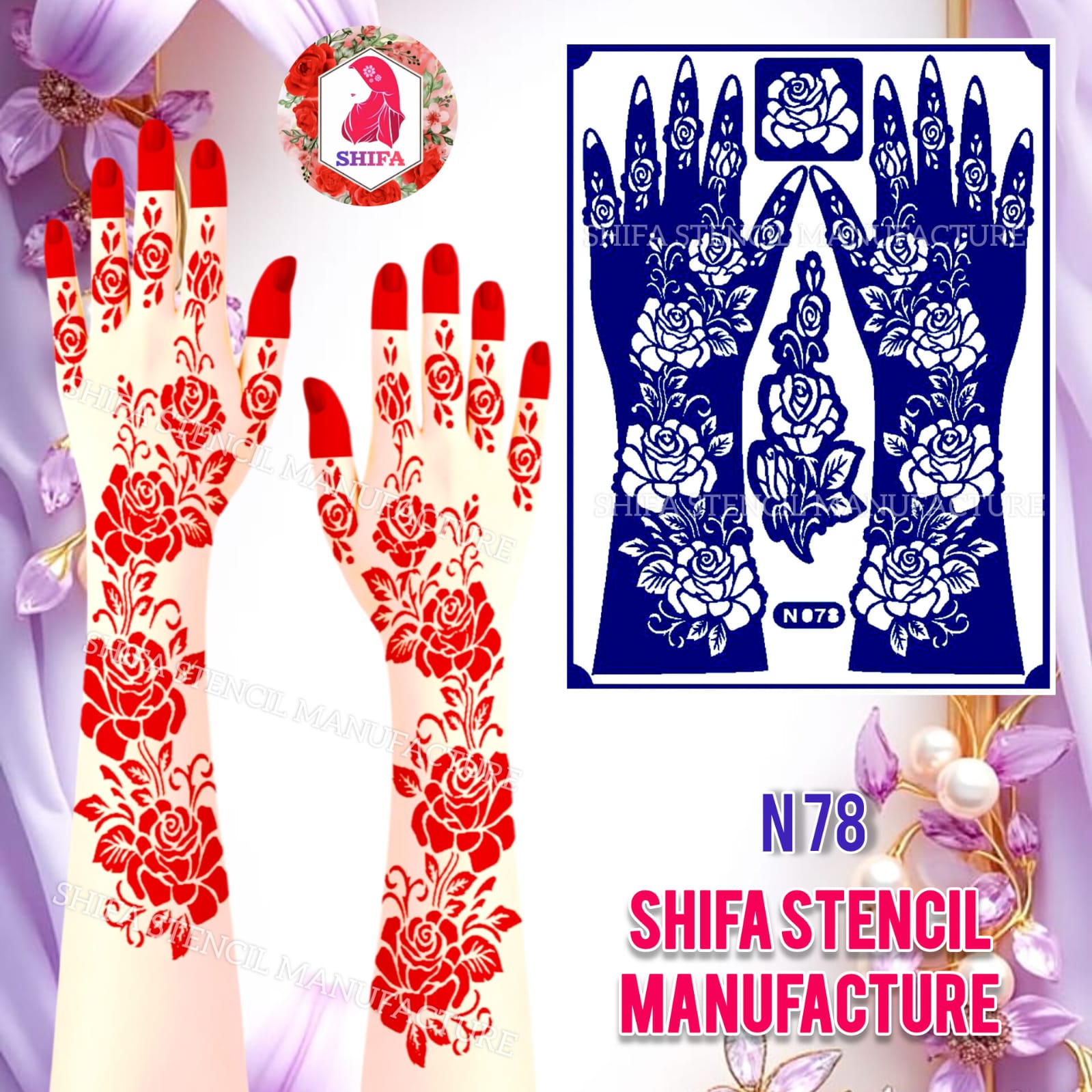 N 78 Majestic Rose Cascade Sticker Overview Henna Stencil - Shifa Stencil